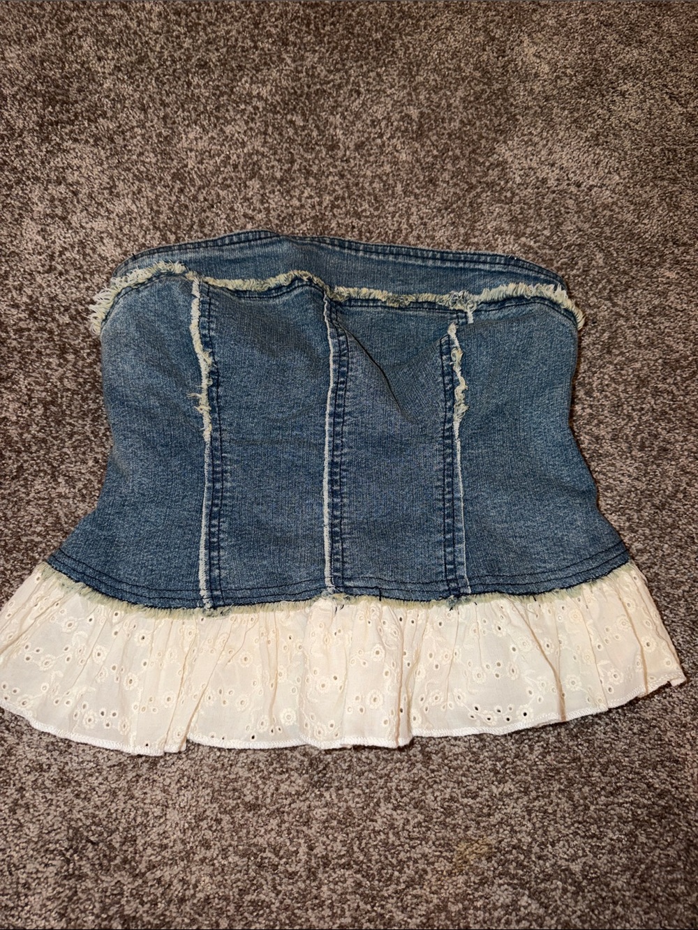 eesome Blue Denim Strapless Corset Top with Cream Eyelet Ruffle